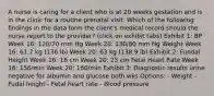 A nurse is caring for a client who is at 20 weeks gestation and is in the clinic for a routine prenatal visit. Which of the following findings in the data form the client's medical record should the nurse report to the provider? (click on exhibit tabs) Exhibit 1: BP Week 16: 120/70 mm Hg Week 20: 130/80 mm Hg Weight Week 16: 61.7 kg (136 lb) Week 20: 63 kg (138.9 lb) Exhibit 2: Fundal Height Week 16: 16 cm Week 20: 25 cm Fetal Heart Rate Week 16: 156/min Week 20: 160/min Exhibit 3: Diagnostic results urine negative for albumin and glucose both wks Options: - Weight - Fudal height - Fetal heart rate - Blood pressure