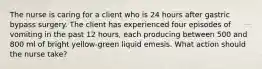 The nurse is caring for a client who is 24 hours after gastric bypass surgery. The client has experienced four episodes of vomiting in the past 12 hours, each producing between 500 and 800 ml of bright yellow-green liquid emesis. What action should the nurse take?