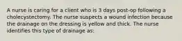 A nurse is caring for a client who is 3 days post-op following a cholecystectomy. The nurse suspects a wound infection because the drainage on the dressing is yellow and thick. The nurse identifies this type of drainage as: