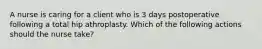 A nurse is caring for a client who is 3 days postoperative following a total hip athroplasty. Which of the following actions should the nurse take?