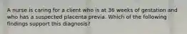 A nurse is caring for a client who is at 36 weeks of gestation and who has a suspected placenta previa. Which of the following findings support this diagnosis?