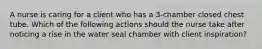 A nurse is caring for a client who has a 3-chamber closed chest tube. Which of the following actions should the nurse take after noticing a rise in the water seal chamber with client inspiration?