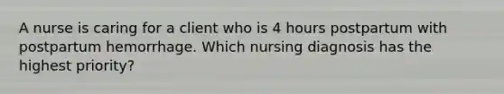 A nurse is caring for a client who is 4 hours postpartum with postpartum hemorrhage. Which nursing diagnosis has the highest priority?