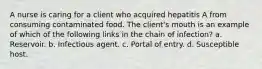 A nurse is caring for a client who acquired hepatitis A from consuming contaminated food. The client's mouth is an example of which of the following links in the chain of infection? a. Reservoir. b. Infectious agent. c. Portal of entry. d. Susceptible host.