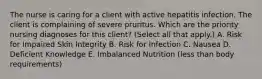 The nurse is caring for a client with active hepatitis infection. The client is complaining of severe pruritus. Which are the priority nursing diagnoses for this​ client? (Select all that​ apply.) A. Risk for Impaired Skin Integrity B. Risk for Infection C. Nausea D. Deficient Knowledge E. Imbalanced Nutrition​ (less than body​ requirements)