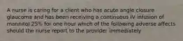 A nurse is caring for a client who has acute angle closure glaucoma and has been receiving a continuous IV infusion of mannitol 25% for one hour which of the following adverse affects should the nurse report to the provider immediately