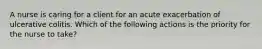 A nurse is caring for a client for an acute exacerbation of ulcerative colitis. Which of the following actions is the priority for the nurse to take?