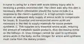 A nurse is caring for a client with acute kidney injury who is receiving a protein-restricted diet. The client asks why this diet is necessary. Which information should the nurse include in a response to the client's questions? A. A high-protein intake ensures an adequate daily supply of amino acids to compensate for losses. B. Essential and nonessential amino acids are necessary in the diet to supply materials for tissue protein synthesis. C. This supplies only essential amino acids, reducing the amount of metabolic waste products, thus decreasing stress on the kidneys .D. Urea nitrogen cannot be used to synthesize amino acids in the body, so the nitrogen for amino acid synthesis must come from the dietary protein.