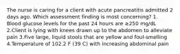 The nurse is caring for a client with acute pancreatitis admitted 2 days ago. Which assessment finding is most concerning? 1. Blood glucose levels for the past 24 hours are ≥250 mg/dL 2.Client is lying with knees drawn up to the abdomen to alleviate pain 3.Five large, liquid stools that are yellow and foul-smelling 4.Temperature of 102.2 F (39 C) with increasing abdominal pain