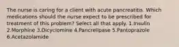 The nurse is caring for a client with acute pancreatitis. Which medications should the nurse expect to be prescribed for treatment of this problem? Select all that apply. 1.Insulin 2.Morphine 3.Dicyclomine 4.Pancrelipase 5.Pantoprazole 6.Acetazolamide