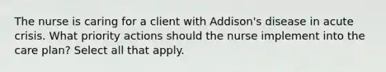 The nurse is caring for a client with Addison's disease in acute crisis. What priority actions should the nurse implement into the care plan? Select all that apply.