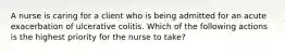 A nurse is caring for a client who is being admitted for an acute exacerbation of ulcerative colitis. Which of the following actions is the highest priority for the nurse to take?