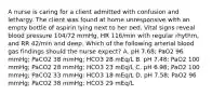 A nurse is caring for a client admitted with confusion and lethargy. The client was found at home unresponsive with an empty bottle of aspirin lying next to her bed. Vital signs reveal blood pressure 104/72 mmHg, HR 116/min with regular rhythm, and RR 42/min and deep. Which of the following arterial blood gas findings should the nurse expect? A. pH 7.68; PaO2 96 mmHg; PaCO2 38 mmHg; HCO3 28 mEq/L B. pH 7.48; PaO2 100 mmHg; PaCO2 28 mmHg; HCO3 23 mEq/L C. pH 6.98; PaO2 100 mmHg; PaCO2 33 mmHg; HCO3 18 mEq/L D. pH 7.58; PaO2 96 mmHg; PaCO2 38 mmHg; HCO3 29 mEq/L