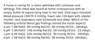 A nurse is caring for a client admitted with confusion and lethargy. The client was found at home unresponsive with an empty bottle of aspirin lying next to her bed. Vital signs revealed blood pressure 104/70 2 mmHg, heart rate 116 bpm with regular rhythm, and respiratory rate 42/minute and deep. Which of the following arterial blood gas findings should the nurse expect? a.pH: 7.68 PaO2: 96 mmHg PaCO2: 38 mmHg HCO3-: 28mEq/L b.pH: 7.48 PaO2: 100 mmHg PaCO2: 28 mmHg HCO3-: 23 mEq/L c.pH: 6.98 PaO2: 100 mmHg PaCO2: 30 mmHg HCO3-: 18mEq/L d.pH: 7.58 PaO2: 96 mmHg PaCO2: 38 mmHg HCO3-:29mEq/L