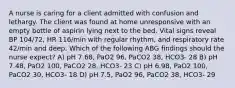 A nurse is caring for a client admitted with confusion and lethargy. The client was found at home unresponsive with an empty bottle of aspirin lying next to the bed. Vital signs reveal BP 104/72, HR 116/min with regular rhythm, and respiratory rate 42/min and deep. Which of the following ABG findings should the nurse expect? A) pH 7.68, PaO2 96, PaCO2 38, HCO3- 28 B) pH 7.48, PaO2 100, PaCO2 28, HCO3- 23 C) pH 6.98, PaO2 100, PaCO2 30, HCO3- 18 D) pH 7.5, PaO2 96, PaCO2 38, HCO3- 29