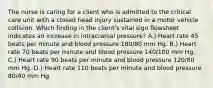 The nurse is caring for a client who is admitted to the critical care unit with a closed head injury sustained in a motor vehicle collision. Which finding in the client's vital sign flowsheet indicates an increase in intracranial pressure? A.) Heart rate 45 beats per minute and blood pressure 180/80 mm Hg. B.) Heart rate 70 beats per minute and blood pressure 140/100 mm Hg. C.) Heart rate 90 beats per minute and blood pressure 120/80 mm Hg. D.) Heart rate 110 beats per minute and blood pressure 80/40 mm Hg