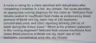 A nurse is caring for a client admitted with dehydration after completing a triathlon in a hot, dry climate. The nurse identifies an appropriate nursing diagnosis for this client as "Deficient Fluid Volume related to insufficient fluid intake as evidenced by blood pressure of 84/46 mm Hg, heart rate of 145 beats/min, concentrated urine, and client reporting drinking 200 mL of water during the 4-hour event." Which is the problem statement in this nursing diagnosis? Deficient fluid volume Insufficient fluid intake Blood pressure of 84/46 mm Hg, heart rate of 145 beats/min, concentrated urine Hot, dry climate