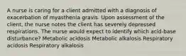 A nurse is caring for a client admitted with a diagnosis of exacerbation of myasthenia gravis. Upon assessment of the client, the nurse notes the client has severely depressed respirations. The nurse would expect to identify which acid-base disturbance? Metabolic acidosis Metabolic alkalosis Respiratory acidosis Respiratory alkalosis