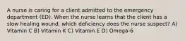 A nurse is caring for a client admitted to the emergency department (ED). When the nurse learns that the client has a slow healing wound, which deficiency does the nurse suspect? A) Vitamin C B) Vitamin K C) Vitamin E D) Omega-6