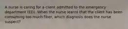 A nurse is caring for a client admitted to the emergency department (ED). When the nurse learns that the client has been consuming too much fiber, which diagnosis does the nurse suspect?