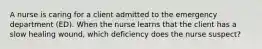 A nurse is caring for a client admitted to the emergency department (ED). When the nurse learns that the client has a slow healing wound, which deficiency does the nurse suspect?