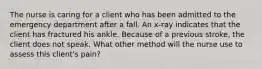 The nurse is caring for a client who has been admitted to the emergency department after a fall. An x-ray indicates that the client has fractured his ankle. Because of a previous stroke, the client does not speak. What other method will the nurse use to assess this client's pain?