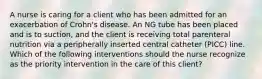 A nurse is caring for a client who has been admitted for an exacerbation of Crohn's disease. An NG tube has been placed and is to suction, and the client is receiving total parenteral nutrition via a peripherally inserted central catheter (PICC) line. Which of the following interventions should the nurse recognize as the priority intervention in the care of this client?