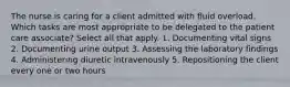 The nurse is caring for a client admitted with fluid overload. Which tasks are most appropriate to be delegated to the patient care associate? Select all that apply. 1. Documenting vital signs 2. Documenting urine output 3. Assessing the laboratory findings 4. Administering diuretic intravenously 5. Repositioning the client every one or two hours