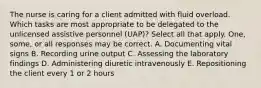 The nurse is caring for a client admitted with fluid overload. Which tasks are most appropriate to be delegated to the unlicensed assistive personnel (UAP)? Select all that apply. One, some, or all responses may be correct. A. Documenting vital signs B. Recording urine output C. Assessing the laboratory findings D. Administering diuretic intravenously E. Repositioning the client every 1 or 2 hours