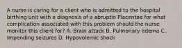 A nurse is caring for a client who is admitted to the hospital birthing unit with a diagnosis of a abruptio Placentae for what complication associated with this problem should the nurse monitor this client for? A. Brain attack B. Pulmonary edema C. Impending seizures D. Hypovolemic shock