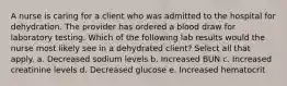 A nurse is caring for a client who was admitted to the hospital for dehydration. The provider has ordered a blood draw for laboratory testing. Which of the following lab results would the nurse most likely see in a dehydrated client? Select all that apply. a. Decreased sodium levels b. Increased BUN c. Increased creatinine levels d. Decreased glucose e. Increased hematocrit