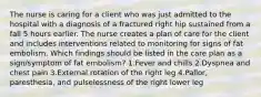 The nurse is caring for a client who was just admitted to the hospital with a diagnosis of a fractured right hip sustained from a fall 5 hours earlier. The nurse creates a plan of care for the client and includes interventions related to monitoring for signs of fat embolism. Which findings should be listed in the care plan as a sign/symptom of fat embolism? 1.Fever and chills 2.Dyspnea and chest pain 3.External rotation of the right leg 4.Pallor, paresthesia, and pulselessness of the right lower leg