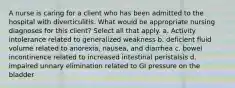 A nurse is caring for a client who has been admitted to the hospital with diverticulitis. What would be appropriate nursing diagnoses for this client? Select all that apply. a. Activity intolerance related to generalized weakness b. deficient fluid volume related to anorexia, nausea, and diarrhea c. bowel incontinence related to increased intestinal peristalsis d. impaired urinary elimination related to GI pressure on the bladder