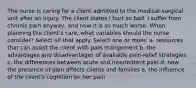 The nurse is caring for a client admitted to the medical-surgical unit after an injury. The client states I hurt so bad. I suffer from chronic pain anyway, and now it is so much worse. When planning the client's care, what variables should the nurse consider? Select all that apply. Select one or more: a. resources that can assist the client with pain mangement b. the advantages and disadvantages of available pain-relief strategies c. the differences between acute and intermittent pain d. how the presence of pain affects clients and families e. the influence of the client's cognition on her pain