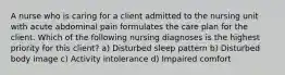 A nurse who is caring for a client admitted to the nursing unit with acute abdominal pain formulates the care plan for the client. Which of the following nursing diagnoses is the highest priority for this client? a) Disturbed sleep pattern b) Disturbed body image c) Activity intolerance d) Impaired comfort