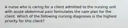 A nurse who is caring for a client admitted to the nursing unit with acute abdominal pain formulates the care plan for the client. Which of the following nursing diagnoses is the highest priority for this client?