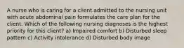 A nurse who is caring for a client admitted to the nursing unit with acute abdominal pain formulates the care plan for the client. Which of the following nursing diagnoses is the highest priority for this client? a) Impaired comfort b) Disturbed sleep pattern c) Activity intolerance d) Disturbed body image