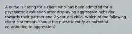 A nurse is caring for a client who has been admitted for a psychiatric evaluation after displaying aggressive behavior towards their partner and 2 year old child. Which of the following client statements should the nurse identify as potential contributing to aggression?