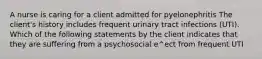 A nurse is caring for a client admitted for pyelonephritis The client's history includes frequent urinary tract infections (UTI). Which of the following statements by the client indicates that they are suffering from a psychosocial e^ect from frequent UTI