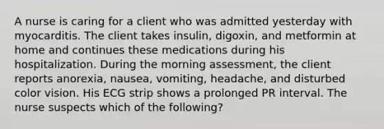 A nurse is caring for a client who was admitted yesterday with myocarditis. The client takes insulin, digoxin, and metformin at home and continues these medications during his hospitalization. During the morning assessment, the client reports anorexia, nausea, vomiting, headache, and disturbed color vision. His ECG strip shows a prolonged PR interval. The nurse suspects which of the following?