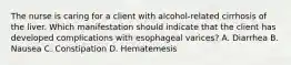 The nurse is caring for a client with​ alcohol-related cirrhosis of the liver. Which manifestation should indicate that the client has developed complications with esophageal​ varices? A. Diarrhea B. Nausea C. Constipation D. Hematemesis