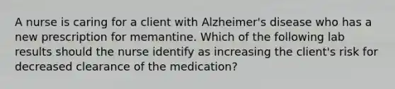 A nurse is caring for a client with Alzheimer's disease who has a new prescription for memantine. Which of the following lab results should the nurse identify as increasing the client's risk for decreased clearance of the medication?