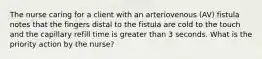 The nurse caring for a client with an arteriovenous (AV) fistula notes that the fingers distal to the fistula are cold to the touch and the capillary refill time is greater than 3 seconds. What is the priority action by the nurse?