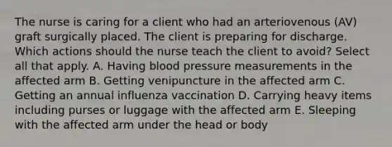 The nurse is caring for a client who had an arteriovenous (AV) graft surgically placed. The client is preparing for discharge. Which actions should the nurse teach the client to avoid? Select all that apply. A. Having blood pressure measurements in the affected arm B. Getting venipuncture in the affected arm C. Getting an annual influenza vaccination D. Carrying heavy items including purses or luggage with the affected arm E. Sleeping with the affected arm under the head or body