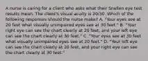 A nurse is caring for a client who asks what their Snellen eye test results mean. The client's visual acuity is 20/30. Which of the following responses should the nurse make? A. "Your eyes see at 20 feet what visually unimpaired eyes see at 30 feet." B. "Your right eye can see the chart clearly at 20 feet, and your left eye can see the chart clearly at 30 feet." C. "Your eyes see at 30 feet what visually unimpaired eyes see at 20 feet." D. "Your left eye can see the chart clearly at 20 feet, and your right eye can see the chart clearly at 30 feet."