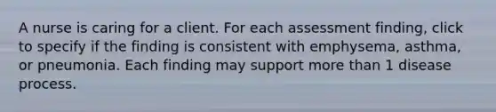 A nurse is caring for a client. For each assessment finding, click to specify if the finding is consistent with emphysema, asthma, or pneumonia. Each finding may support more than 1 disease process.