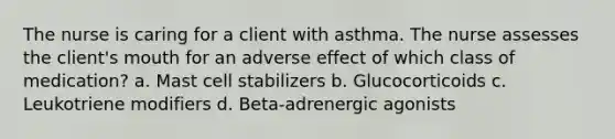 The nurse is caring for a client with asthma. The nurse assesses the client's mouth for an adverse effect of which class of medication? a. Mast cell stabilizers b. Glucocorticoids c. Leukotriene modifiers d. Beta-adrenergic agonists