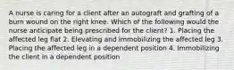 A nurse is caring for a client after an autograft and grafting of a burn wound on the right knee. Which of the following would the nurse anticipate being prescribed for the client? 1. Placing the affected leg flat 2. Elevating and immobilizing the affected leg 3. Placing the affected leg in a dependent position 4. Immobilizing the client in a dependent position