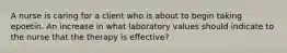 A nurse is caring for a client who is about to begin taking epoetin. An increase in what laboratory values should indicate to the nurse that the therapy is effective?