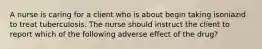 A nurse is caring for a client who is about begin taking isoniazid to treat tuberculosis. The nurse should instruct the client to report which of the following adverse effect of the drug?